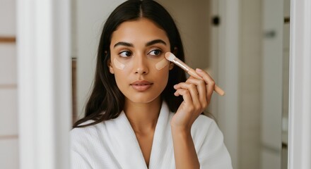 Woman Applying Foundation with Brush in Bathroom
