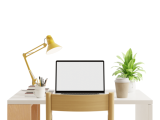 A close-up of a laptop with a white screen on a wooden table  on transparent background- 3D rendering
