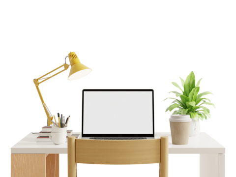A close-up of a laptop with a white screen on a wooden table  on transparent background- 3D rendering - Powered by Adobe