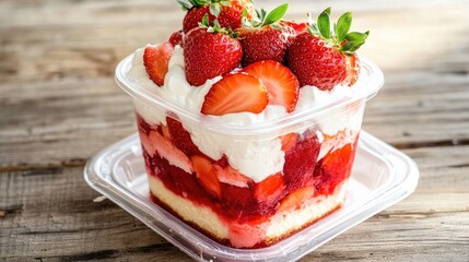 Delicious Strawberry Dessert with Whipped Cream and Fresh Berries in Clear Container