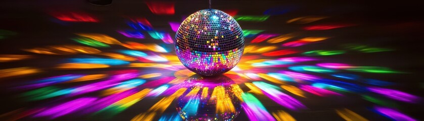 Obraz premium A shimmering disco ball reflects vibrant, colorful lights in the background, creating a lively atmosphere filled with swirling hues of red, blue, green, and yellow, perfect for a festive party scene.