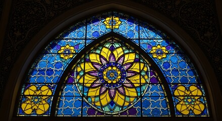 Obraz premium Looking Up at Colorful Floral Stained Glass Window with Intricate Details