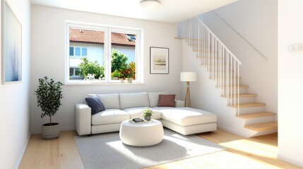 A minimalist and inviting Nordic-inspired compact living room with a neutral color palette, creating a warm and relaxing atmosphere.