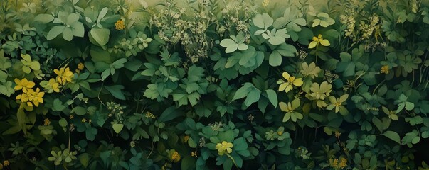 A vibrant field filled with lush green plants, dotted with bright yellow flowers swaying gently in the breeze under a clear blue sky, creating a picturesque and serene landscape.