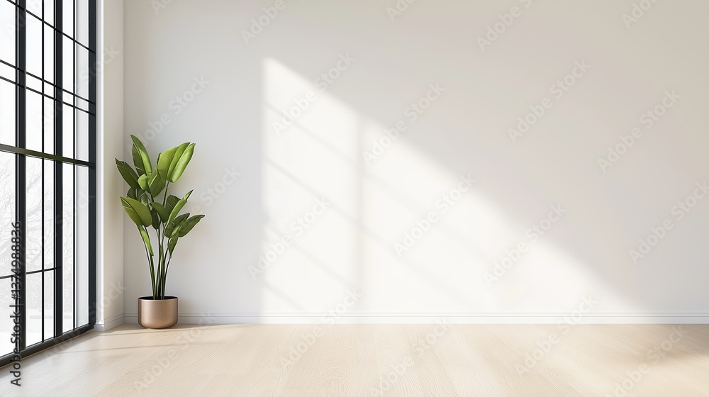 Poster empty room with a large window on the left side. the window has a grid-like design and is made of gl