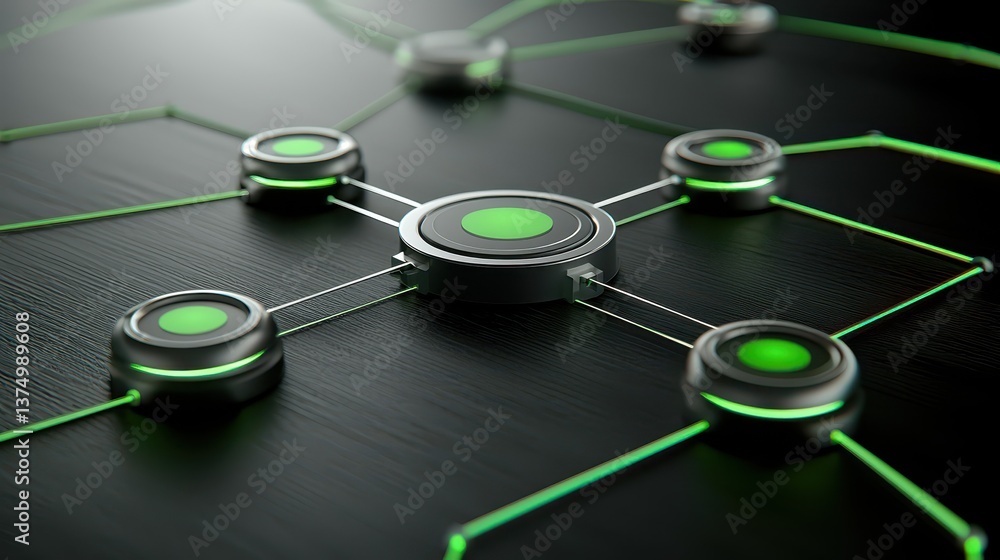 Poster stylized, interconnected network with glowing green nodes and lines on a dark surface, representing 