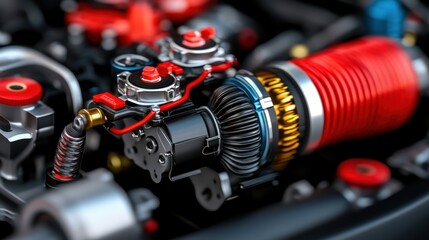 Highly detailed and complex image showcasing the intricate design and engineering of a turbocharged engine used in Formula 1 racing cars, highlighting the power, precision.