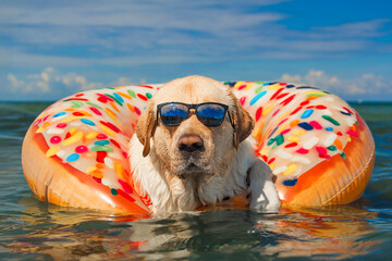 A relaxed Labrador wearing sunglasses floats on a colorful donut-shaped pool float in the ocean. A...