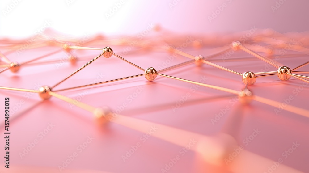Poster golden spheres are connected by delicate lines, forming a network or mesh-like structure on a soft p