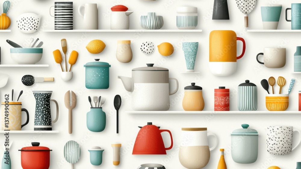 Poster a bright and minimalist kitchen with open shelving displaying neatly arranged cookware, dishes, and 