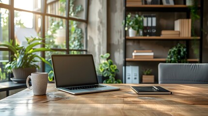 Modern Sunlit Workspace with Laptop, Coffee, and Minimalist Decor