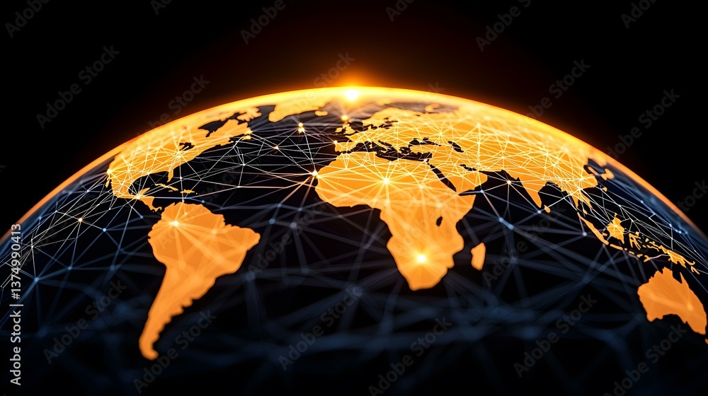 Poster the image shows a stylized globe with an orange-toned map of the world overlaid on it. a network of 