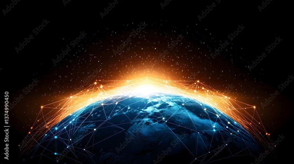 Poster the image shows a stylized representation of planet earth, enveloped by a network of interconnected 