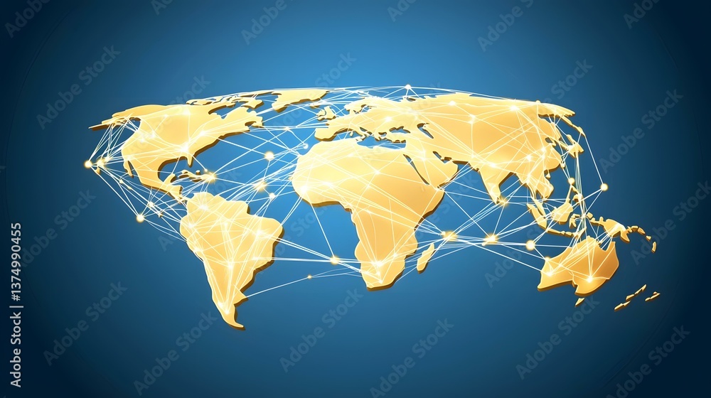 Poster a gold-colored, three-dimensional world map is depicted against a dark blue background, interconnect