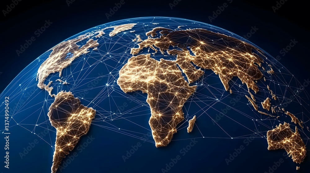 Poster the image shows a stylized 3d model of the earth, with continents outlined in gold and connected by 