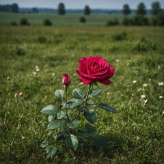 A single vibrant rose blooming in a vast green meadow.