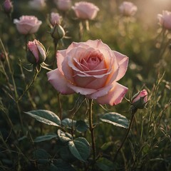 A delicate pink rose surrounded by soft, sunlit grass.