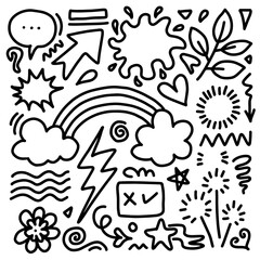 Hand drawn doodle design elements. flower, arrow, heart, leaves, sun, rainbow, star and other,