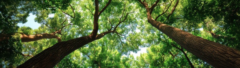 A serene cluster of tall, lush green trees stands together, their thick trunks supporting a vibrant canopy of leaves, casting dappled sunlight on the forest floor below.