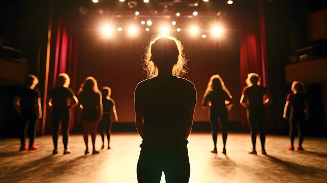 Stage rehearsal with spotlight on director facing a group of performers.
