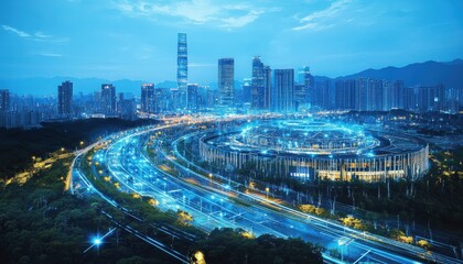 Obraz premium Night View of Modern City Skyline with Highway
