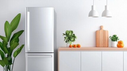 A modern, minimalist kitchen design featuring a decorative backsplash, wooden countertops, and compact, efficient layout.