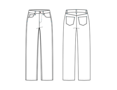 Womens Mid Rise Straight Leg Jeans Technical Flat Sketch Vector Illustrator