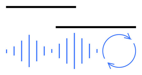 Obraz premium Horizontal sound waves of varying frequency beside circular arrows signifying repetition and rhythm. Ideal for sound design, audio technology, podcasting, music, communication, frequency, flat simple