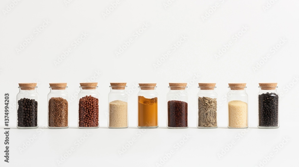 Poster row of nine glass jars with cork stoppers arranged in a line on a white background. each jar contain