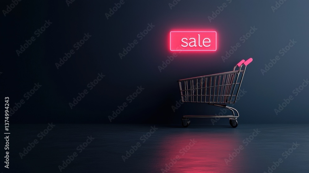 Poster a minimalist image featuring a bright red neon sale sign hovering above an empty metal shopping cart