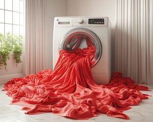 Red fabric spills from washing machine.