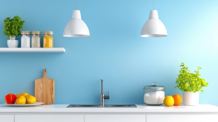 A compact and bright kitchen design featuring floating shelves for storage and glass-front cabinets for a modern, minimalist look.