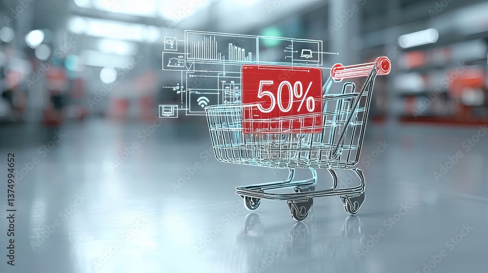 Poster a shopping cart in a modern retail environment with a digital display showing a 50 discount promotio