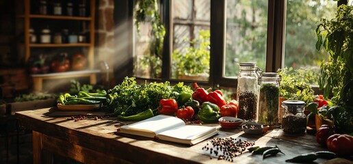 Rustic Kitchen Still Life with Fresh Produce and Spices