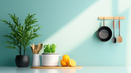 A compact, modern kitchen with a streamlined layout, hanging cooking utensils, and a bright, minimalist aesthetic