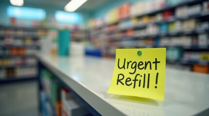 Urgent note for medication refill by hospital doctor pharmacy environment close-up viewpoint