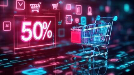 Brightly lit digital shopping cart displayed on a screen with a prominent 50 discount offer representing the dynamic and promotional nature of ecommerce