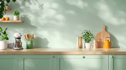 A cozy and minimalist kitchen featuring wooden countertops, pastel-colored tiles, and space-saving appliances and storage solutions.