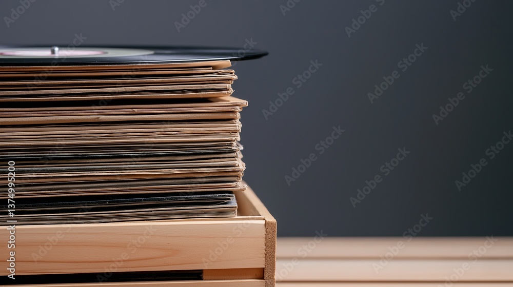 Poster stack of vinyl records in a wooden box. the records are neatly arranged in rows and columns, with th