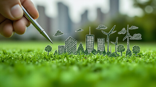 Optimistic green energy future concept. Hand sketches eco-friendly buildings, wind turbine on grass. Ideal for sustainability, Earth Day projects, environmental reports.