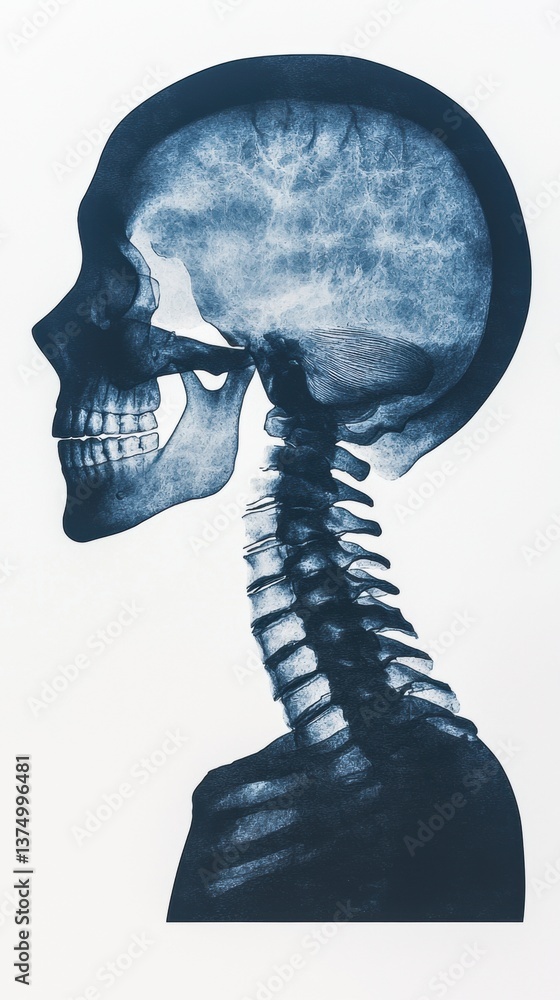 Poster a detailed x-ray image showcasing the human skull and cervical spine in profile view, illustrating b