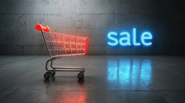 A shopping cart sits in an empty industrial style room with a large neon  sale  sign illuminating the space indicating a promotional or discounted retail offering