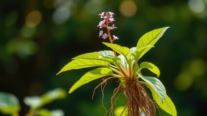 Obraz premium Sarpagandh plant, Sarpagandha – Powerful Ayurvedic Medicinal Plant with Roots and Flowers