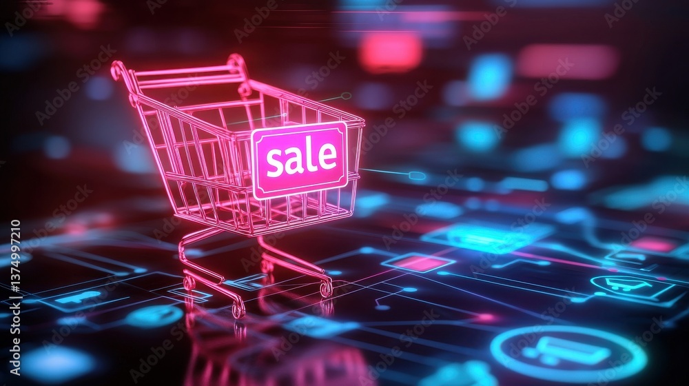 Aufkleber glowing neon shopping cart with sale sign against a futuristic technology driven digital backdrop wi