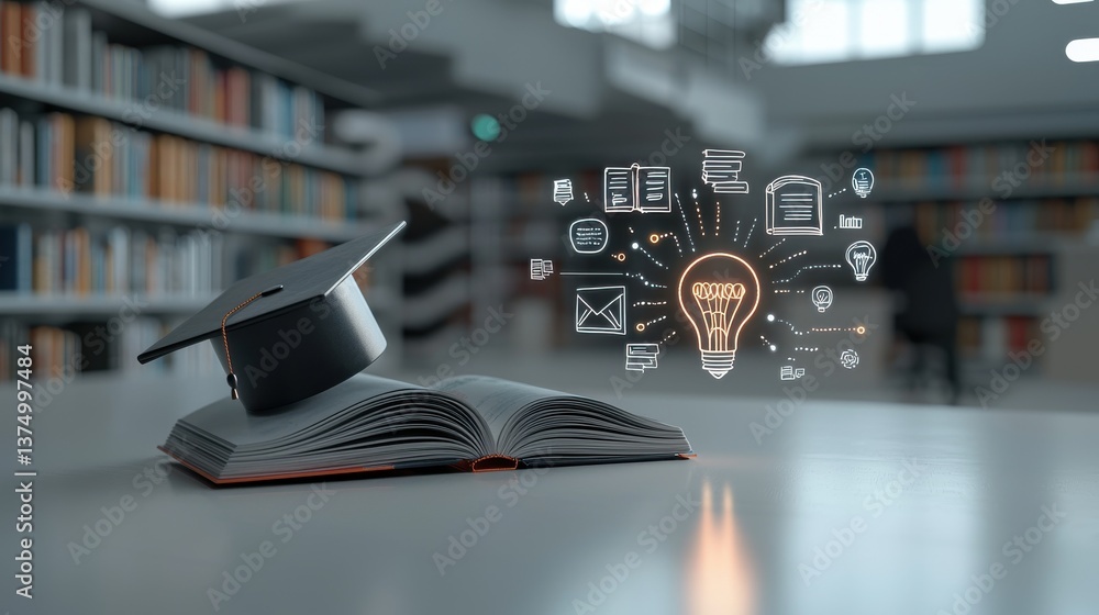 Aufkleber an open book on a desk surrounded by icons representing various aspects of education learning and kn
