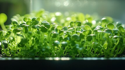 Green seedlings sprouting in a windowsill tray with soft backlighting, symbolizing new beginnings in agriculture, with a focus on the growth process in an indoor setting.