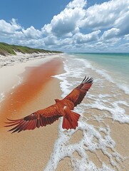 Red hawk coastal flight with beach.
