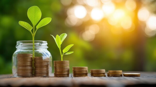 A visual metaphor depicting the growth of wealth and savings through prudent investment and financial planning symbolized by the sprouting seedling in a jar of coins