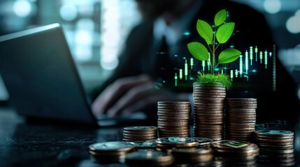 Digital finance and investment landscape with green energy and environmental sustainability concepts