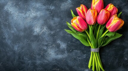 A vibrant bouquet of pink and yellow tulips arranged elegantly against a textured dark background, perfect for spring decoration or gifting.